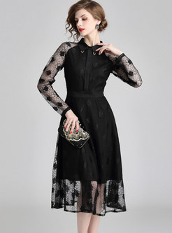 Elegant Lace Lapel Perspective Midi Dress