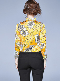 Yellow Print Single-breasted Lapel Blouse