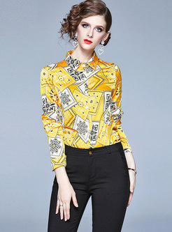 Yellow Print Single-breasted Lapel Blouse