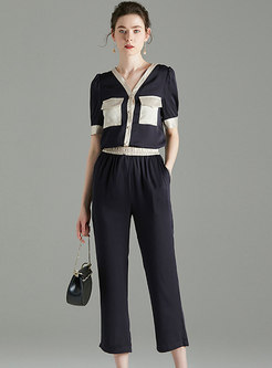 V-neck Color-blocked Cropped Pant Suits