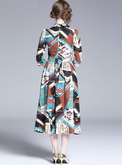 Vintage Print Lapel Slim Pleated Maxi Dress