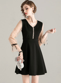 V-neck Patchwork Beaded Mini A-line Dress