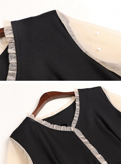 V-neck Patchwork Beaded Mini A-line Dress