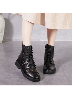 Lace-up Openwork Genuine Leather Ankle Boots