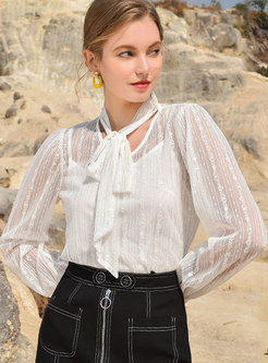 Lace V-neck Bowknot Blouse With Camis