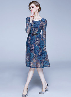 Lace Print Belted Openwork A-line Dress