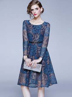 Lace Print Belted Openwork A-line Dress