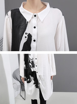 Print Lapel Single-breasted Loose Blouse