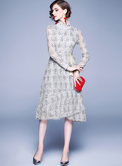 Turtleneck Lace Tied Asymmetric Midi Dress