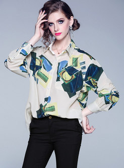 Casual Print Lapel Single-breasted Loose Blouse