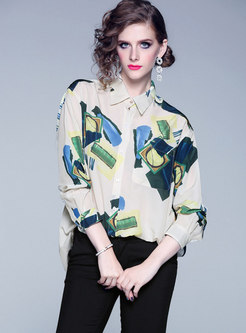 Casual Print Lapel Single-breasted Loose Blouse