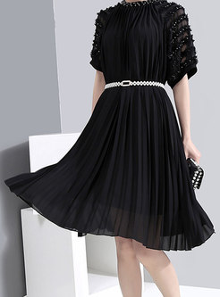 Stand Collar Beaded Pleated Skater Dress