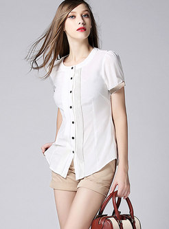 Crew Neck Ruched Single-breasted Blouse