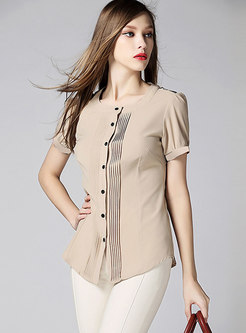 Crew Neck Ruched Single-breasted Blouse