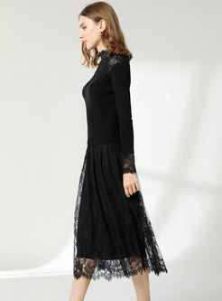 Sexy Lace Patchwork Knitted Midi Dress