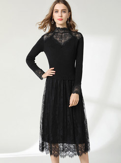 Sexy Lace Patchwork Knitted Midi Dress