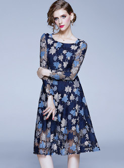 Deep Blue Print Lace Belted Skater Dress