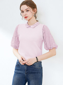 Lace Patchwork Lapel Puff Sleeve Knit Top