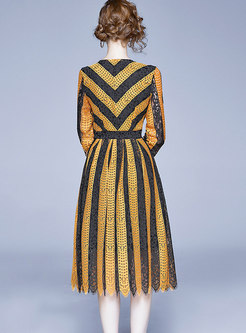 Striped V-neck Lace Openwork A-line Dress