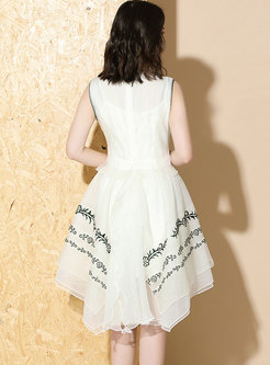 Embroidered Stand Collar Asymmetric Skater Dress