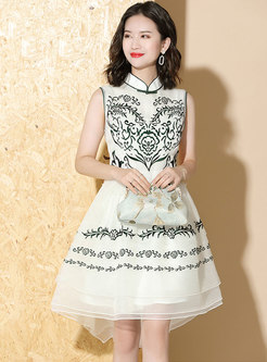 Embroidered Stand Collar Asymmetric Skater Dress