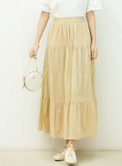Elastic Waist Ruched A-line Long Skirt