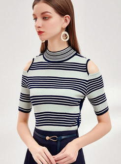 Striped Open Shoulder Turtleneck Knit Top
