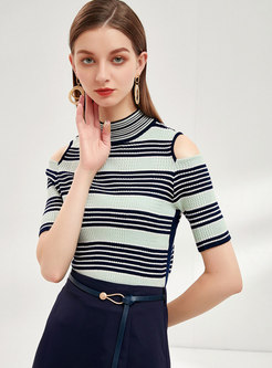Striped Open Shoulder Turtleneck Knit Top