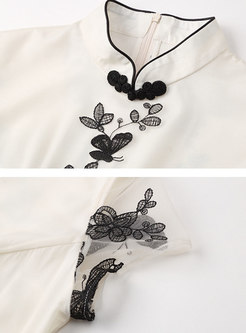 Stand Collar Butterfly Embroidered Skater Dress