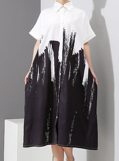 Plus Size Lapel Print Shirt Midi Dress