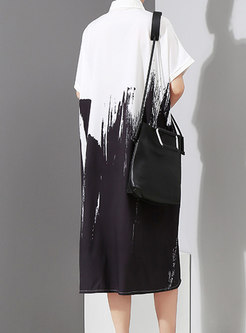 Plus Size Lapel Print Shirt Midi Dress