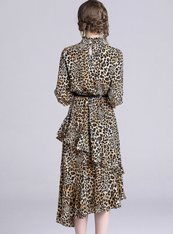 Leopard Stand Collar Asymmetric Ruffle Midi Dress