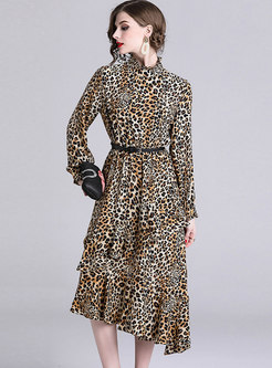 Leopard Stand Collar Asymmetric Ruffle Midi Dress