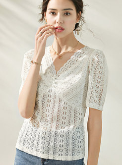 Lace V-neck Openwork Beaded T-shirt