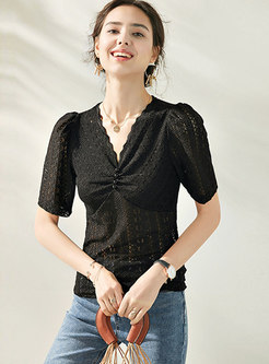 Lace V-neck Openwork Beaded T-shirt