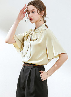 Stand Collar Bowknot Short Sleeve Blouse