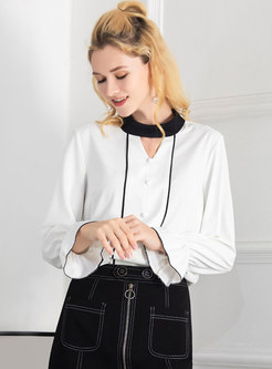 Color-blocked Stand Collar Openwork Blouse