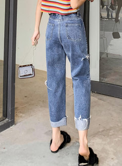Denim Ripped Cropped Straight Pants