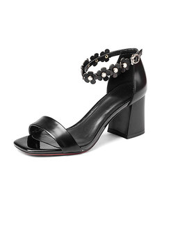 Square Toe Chunky Heel Leather Sandals