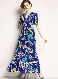 Print V-neck High Waisted Maxi Dress