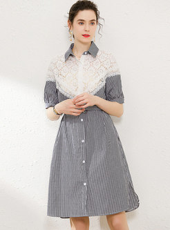 Plaid Patchwork Belted Openwork A-line Dress