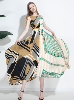 Color Block Belted Asymmetric Maxi Dress
