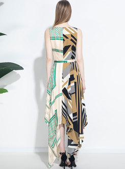 Color Block Belted Asymmetric Maxi Dress