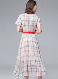 Cross V-neck Plaid Belted Midi Dress