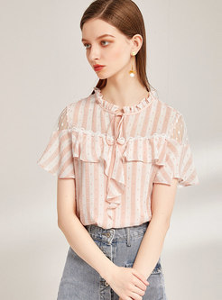 Stand Collar Tied Striped Ruffle Blouse