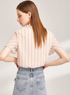 Stand Collar Tied Striped Ruffle Blouse