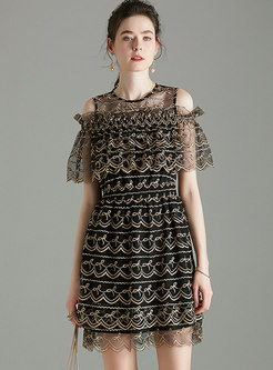 Open Shoulder Embroidered Mesh Mini Dress