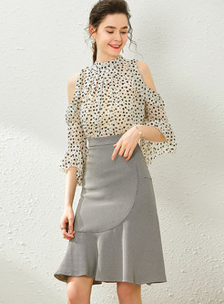 Open Shoulder Print Ruffle Peplum Skirt Suits