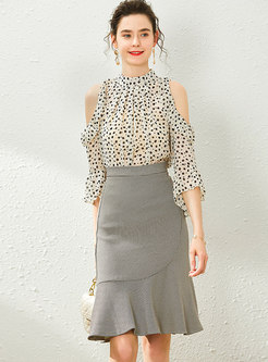 Open Shoulder Print Ruffle Peplum Skirt Suits