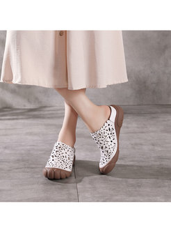 Rounded Toe Openwork Flat Leather Slippers